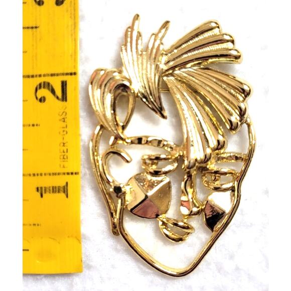 Art Deco 80s Punk Style Face Ladies Womens Brooch Pin Vintage Goldtone Retro - Picture 2 of 4